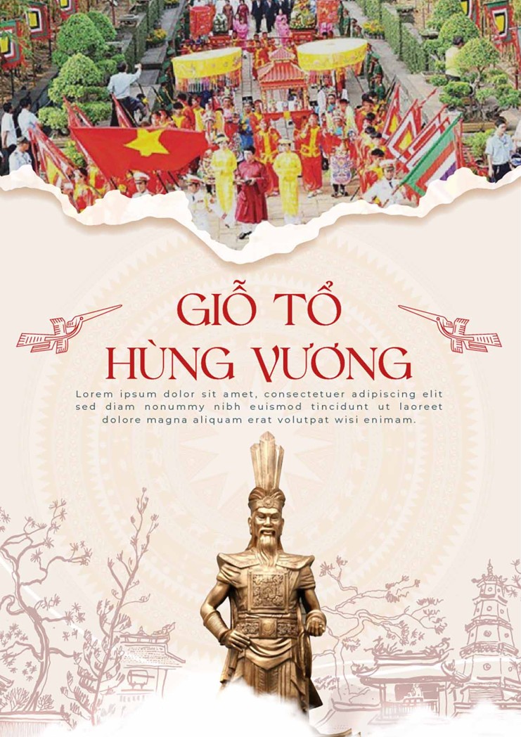 Banner poster for golden statue of a Hung King grand statue, a Vietnamese flag, with traditional Đông Sơn drum motifs poster social poster Giỗ tổ Hùng Vương, đoàn người hành hương